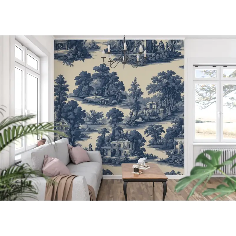 Papel pintado con estampado azul Jouy - Francés