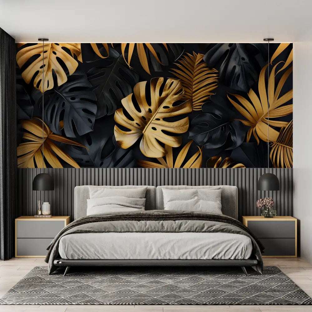 Papel pintado de jungla negro y dorado - salón