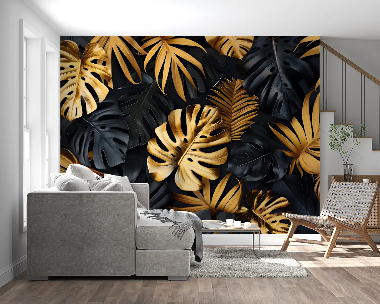 Papel pintado de la selva negro y dorado - cabecero