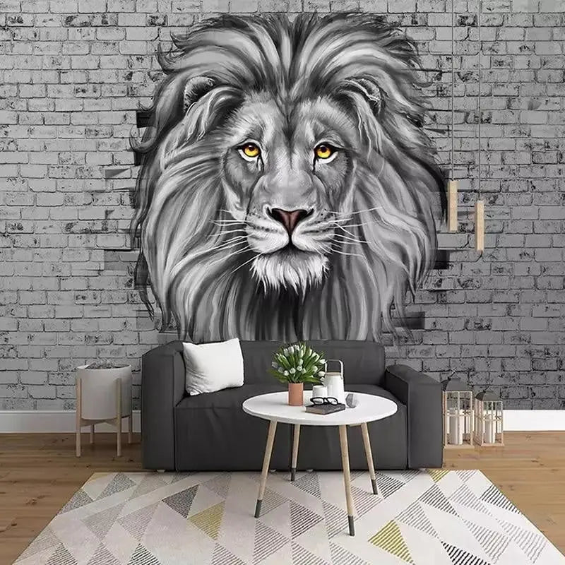 Papel pintado Trompe l'Oeil de león blanco y negro