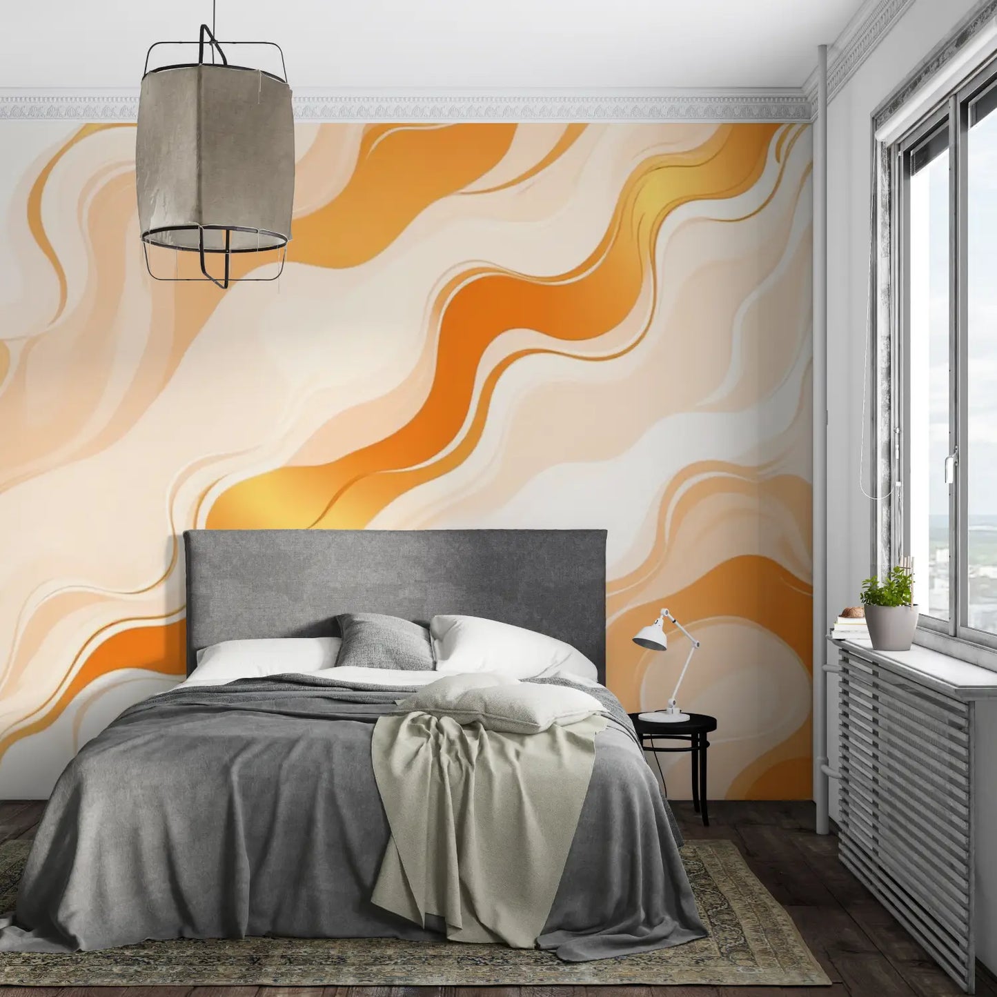 Papel pintado con ondas naranjas y blancas - panorama de la pared