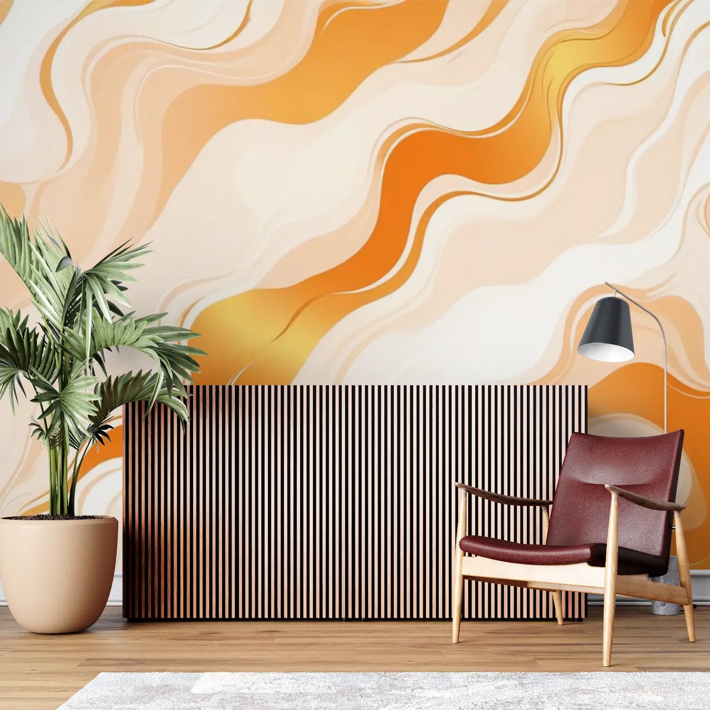Papel pintado de olas naranja y blanco - mural