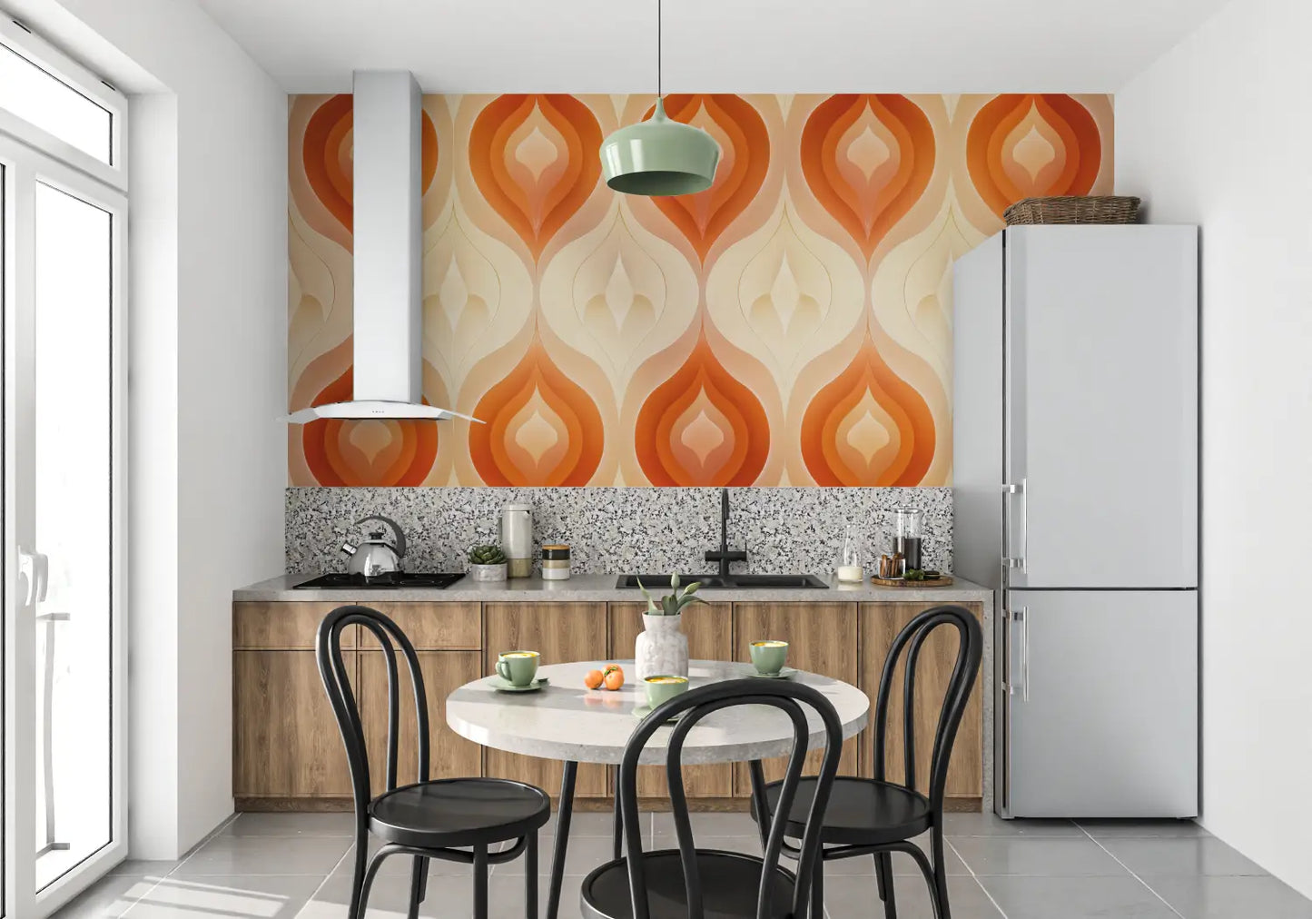 Papel pintado estampado naranja - pared de la cocina