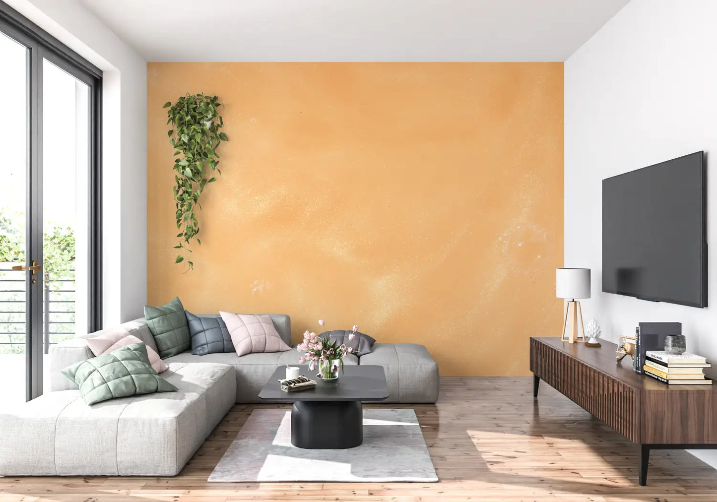Papel pintado texturizado de color naranja pastel - pared de la cocina