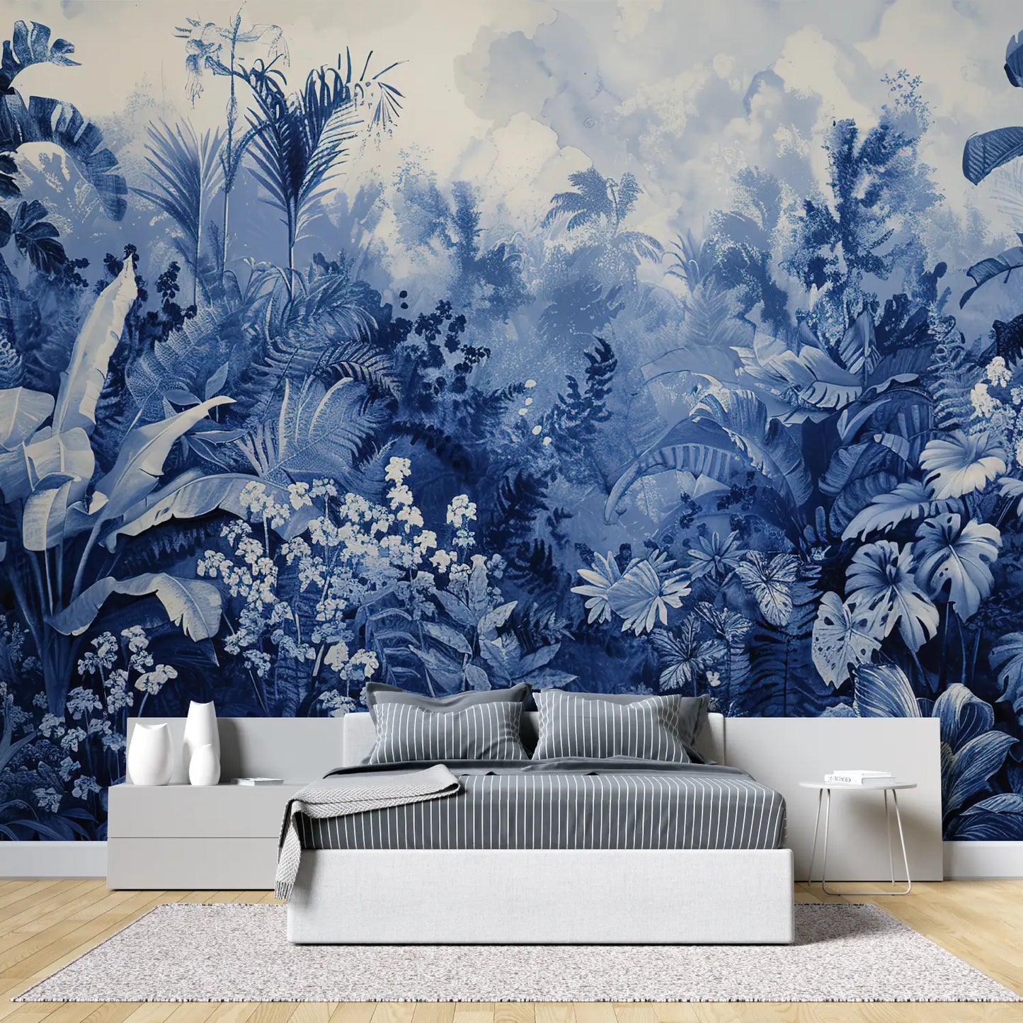 Papel pintado panorámico blanco y azul - salón