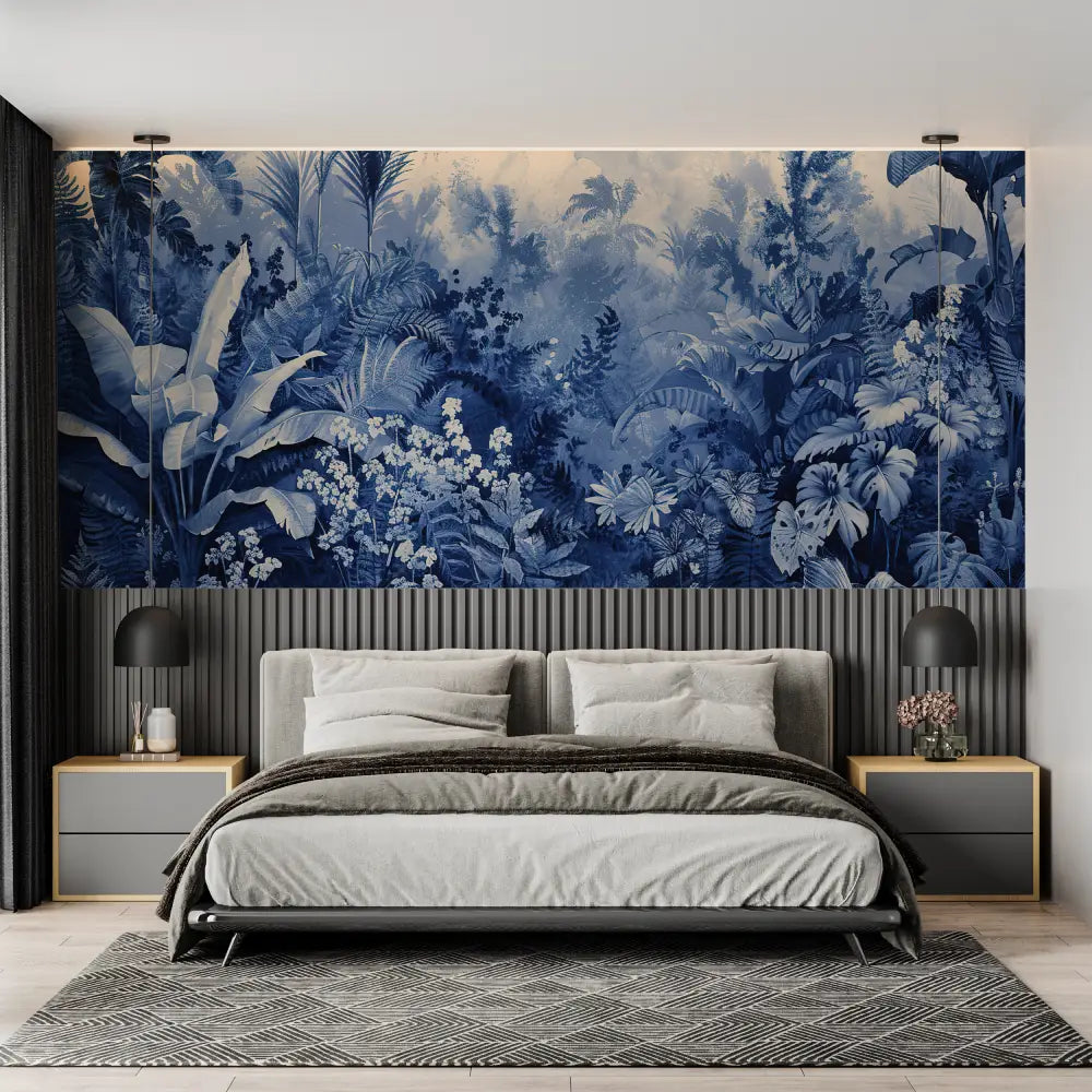 Papel pintado panorámico blanco y azul - cabecero