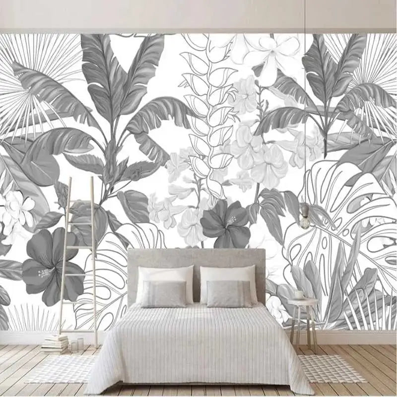 Papel pintado panorámico de la selva en blanco y negro