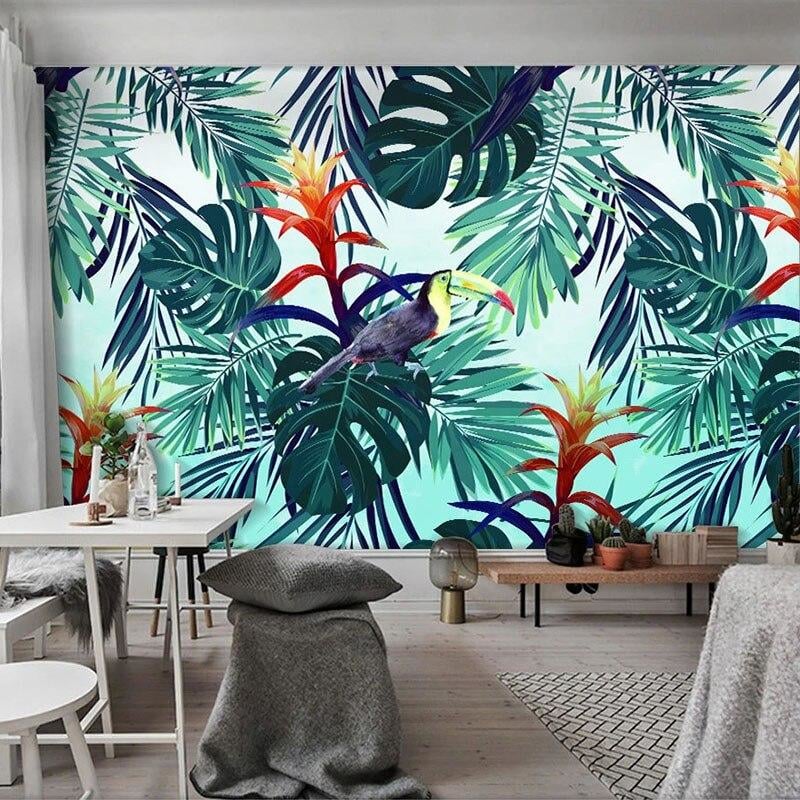 Papel Pintado Panorámico Tropical Hoja Flor Tucán