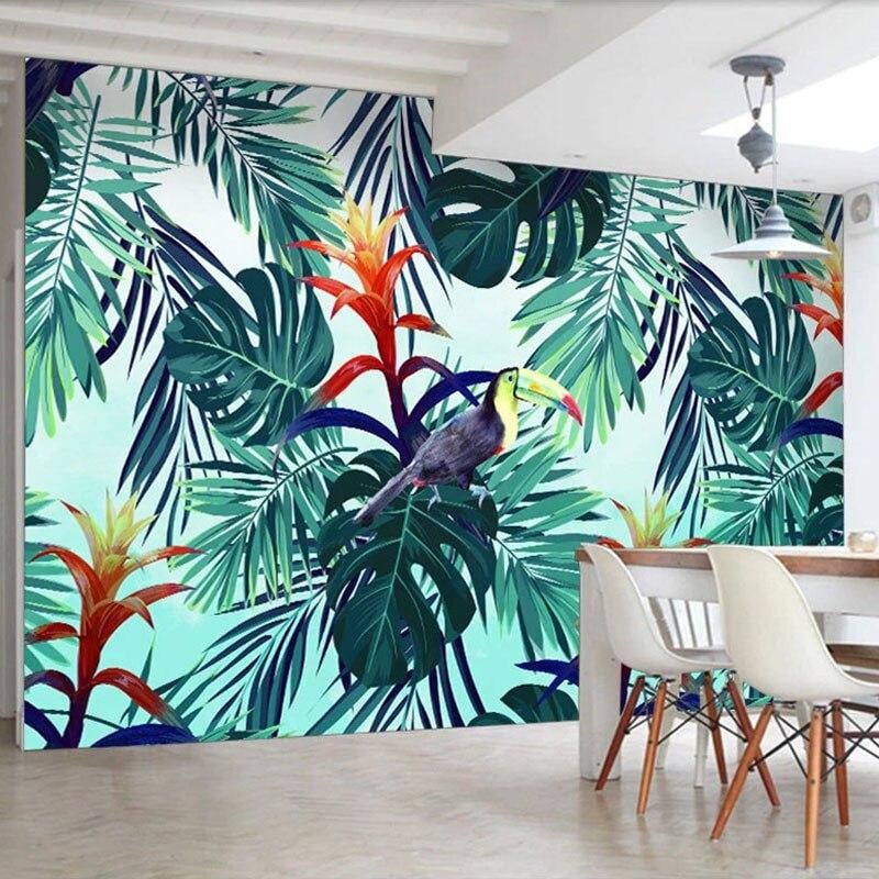 Papel Pintado Panorámico Tropical Hoja Flor Tucán