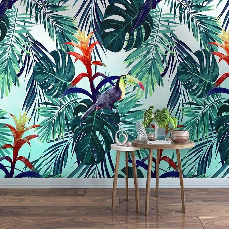 Papel Pintado Panorámico Tropical Hoja Flor Tucán