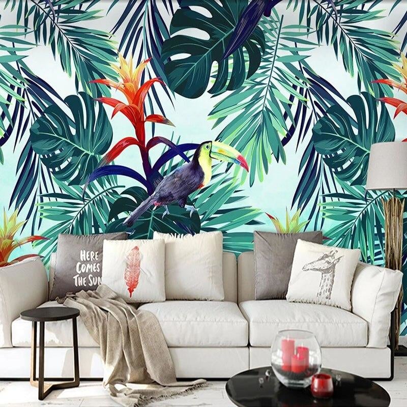 Papel Pintado Panorámico Tropical Hoja Flor Tucán