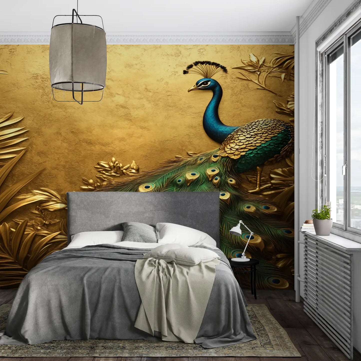 Papel pintado dorado del pavo real - panorama de la pared