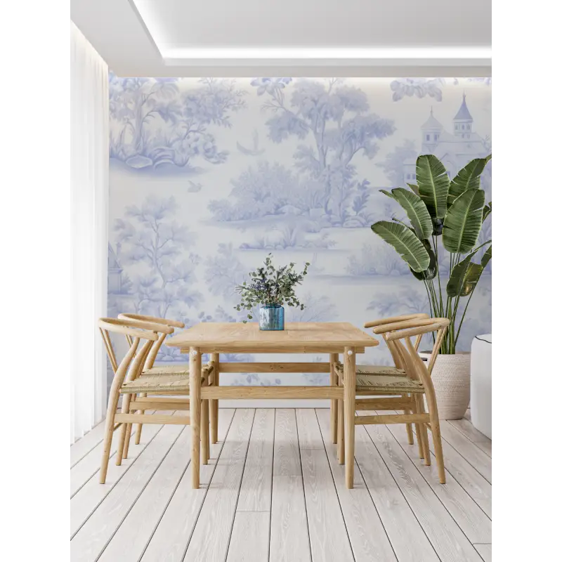 Papel pintado Toile De Jouy azul pastel - panorámico de moda