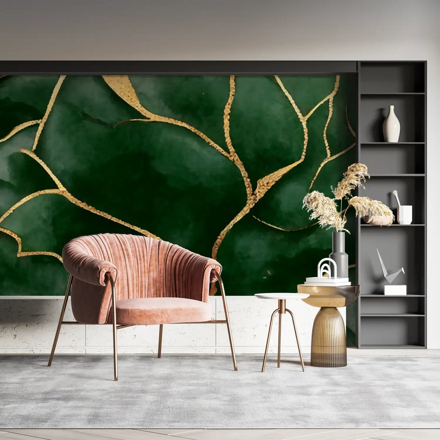 Papel pintado verde esmeralda y dorado - panorama de la pared