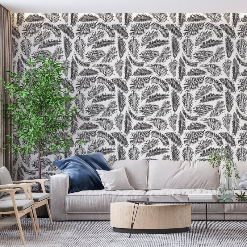 Papel pintado de hojas en blanco y negro