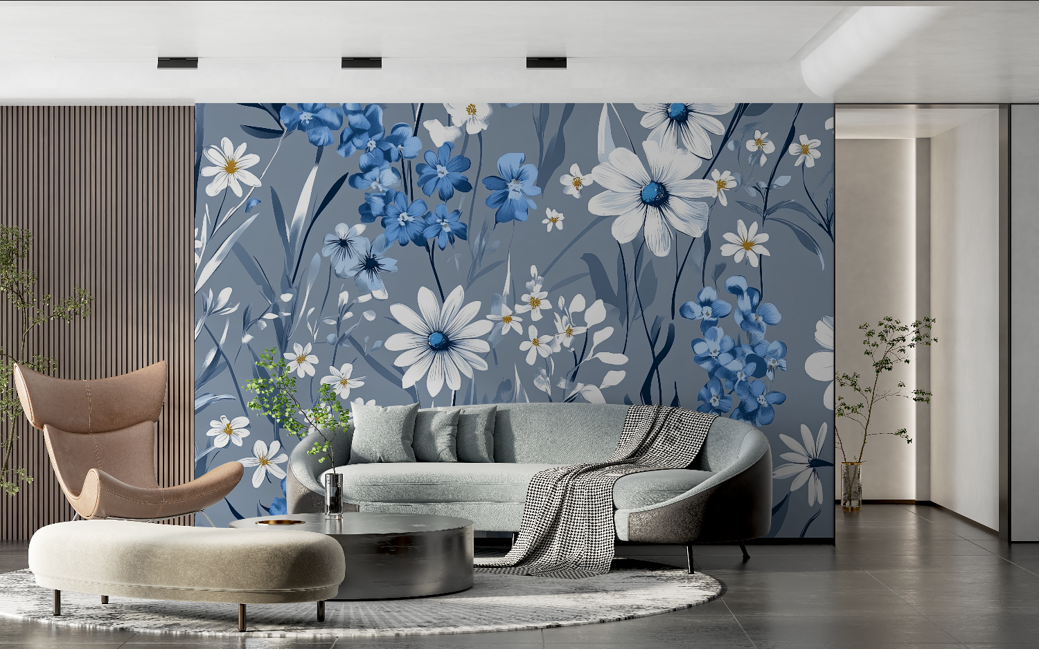 Papier Peint Bleu Fleurs Blanches - chambre adulte