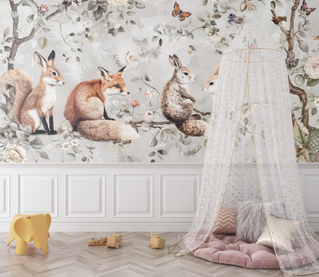 Papel pintado bebé Animales y flores - habitación del bebé
