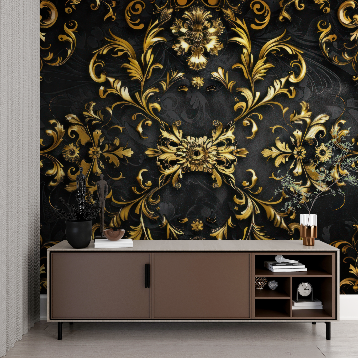 Papel pintado negro y dorado para dormitorio - impreso