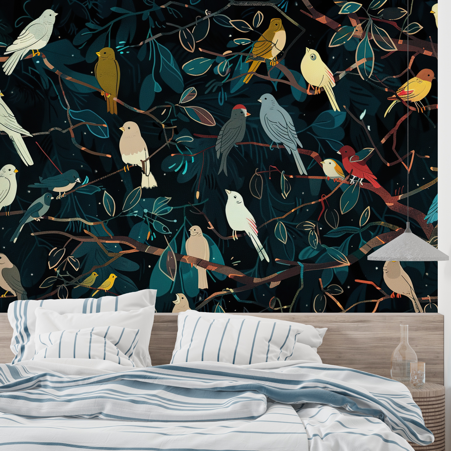 Papel pintado de pájaros con fondo negro - a medida