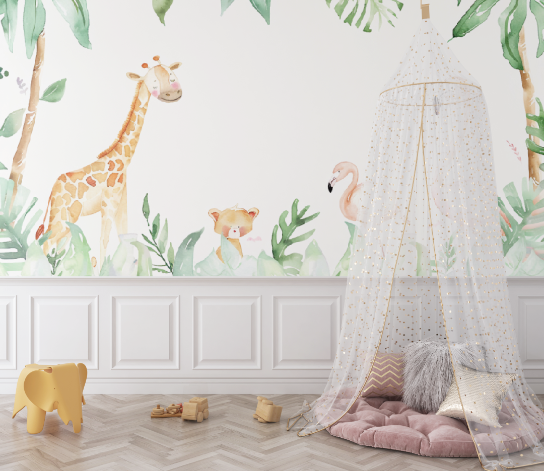 Papier peint bébé animaux safari pastel - chambre de bebe