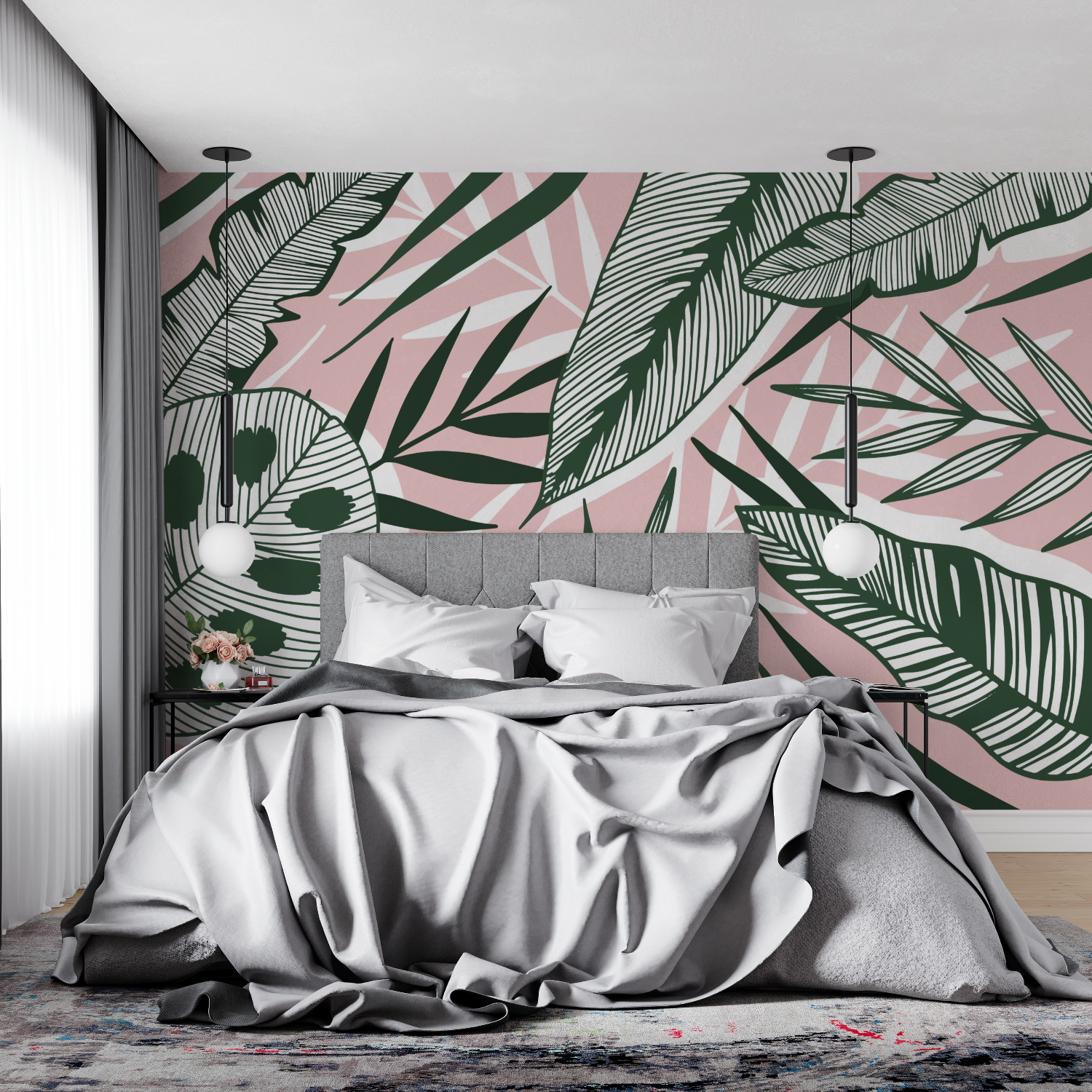 Papier Peint Jungle Vert Et Rose - tendance mur