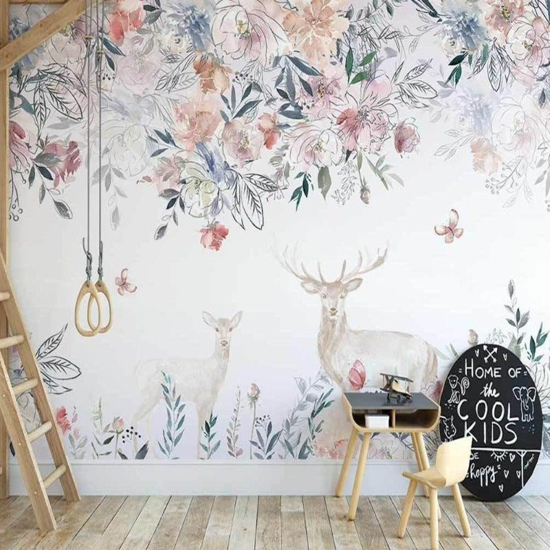 Papel pintado de animales <br/> Patrón de ciervos y flores.