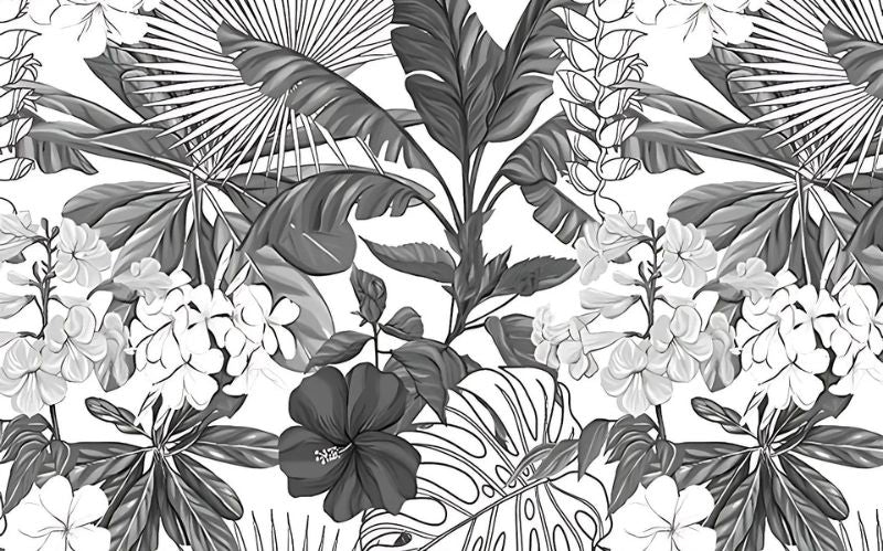 Papel pintado blanco y negro con diseño de jungla