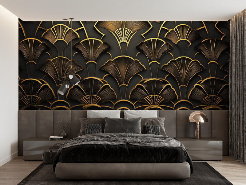 Papier Peint Art Deco Noir Or Fleurs 3D - panoramique-mur