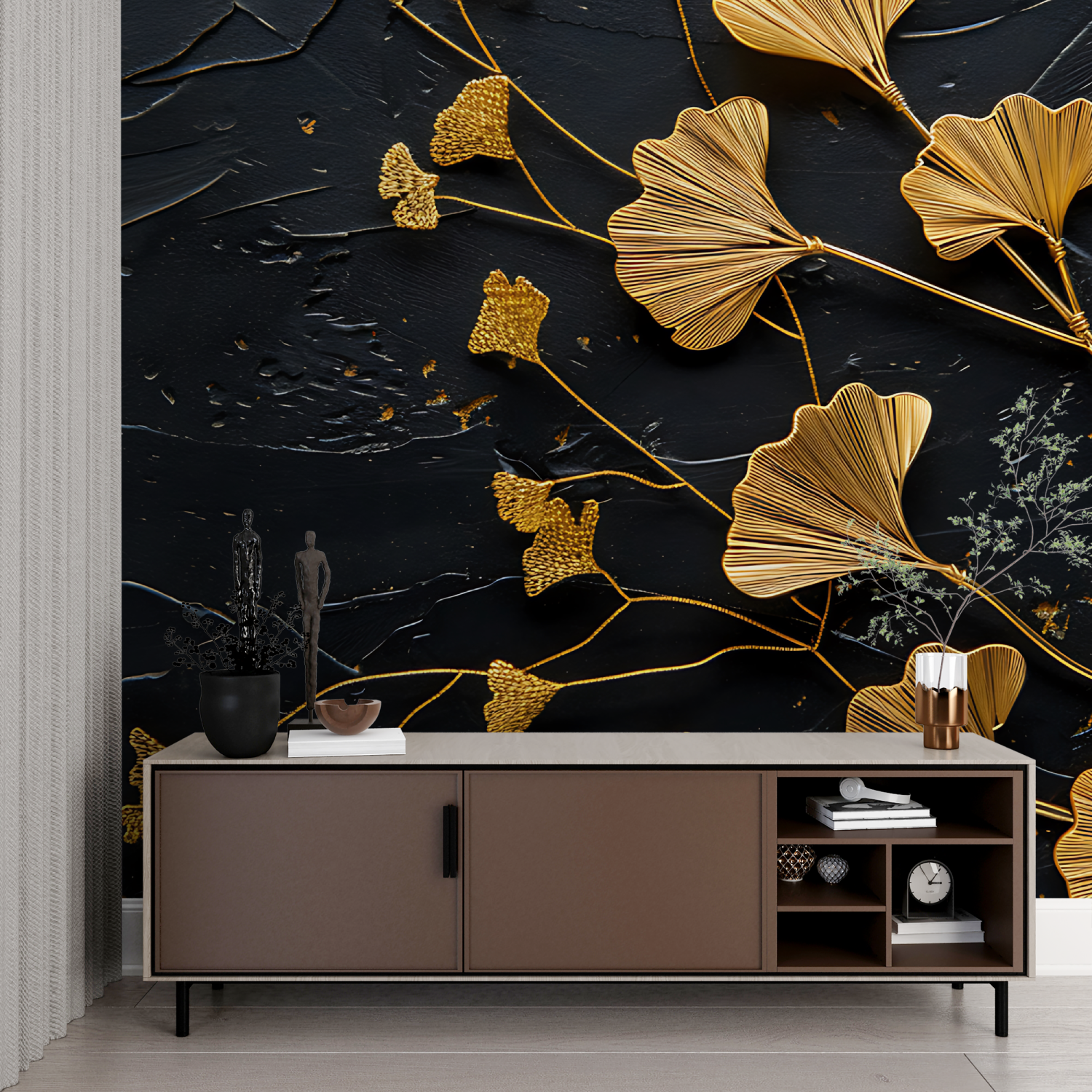 Papel pintado para dormitorio negro y dorado - contemporáneo