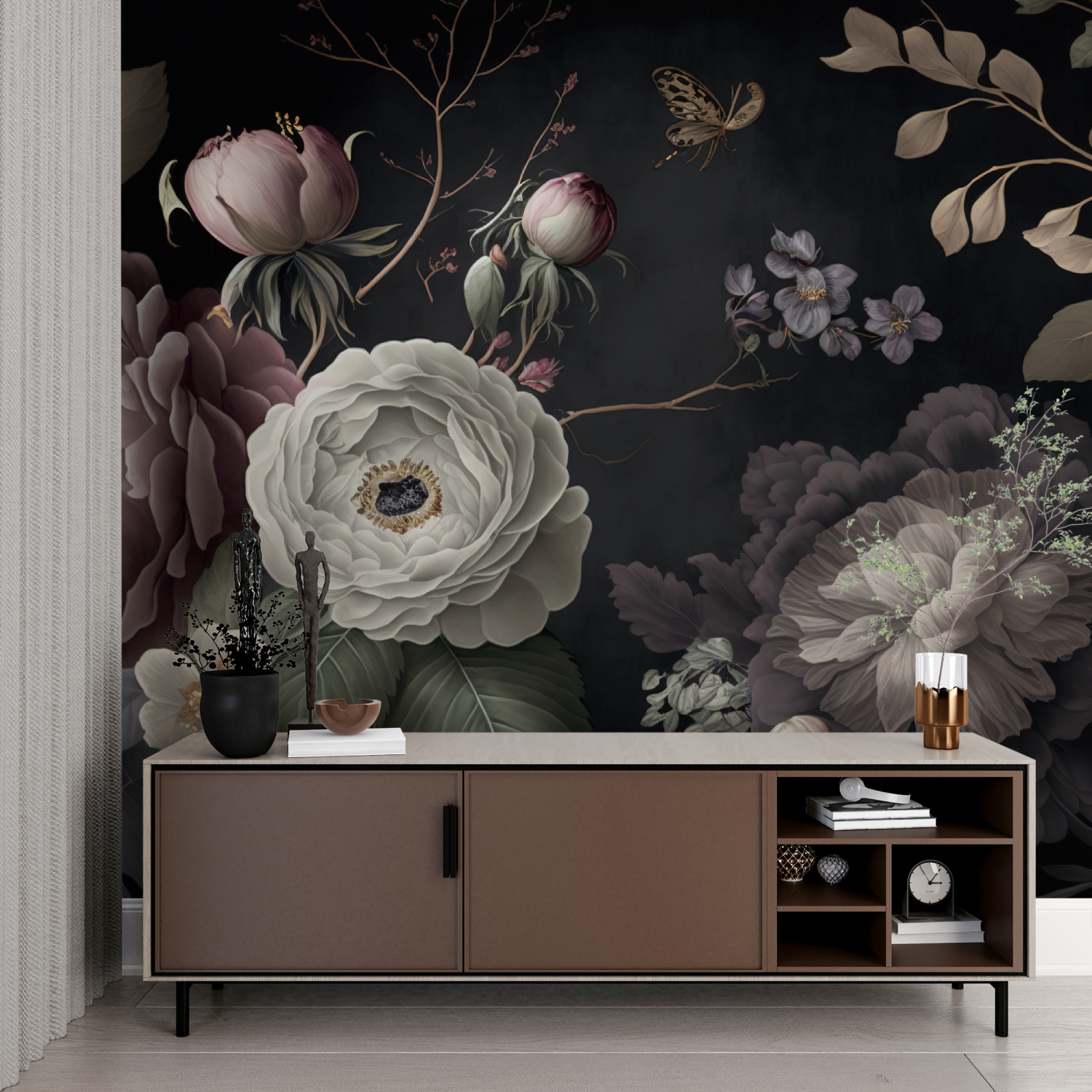 Papel pintado de flores con fondo negro - impreso