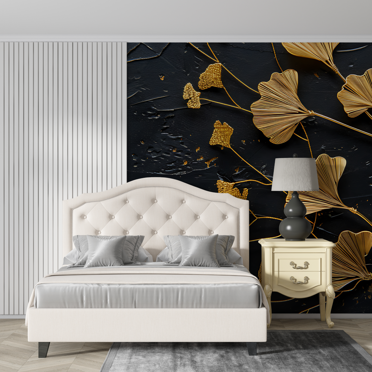 Papel pintado para dormitorio negro y dorado - impreso