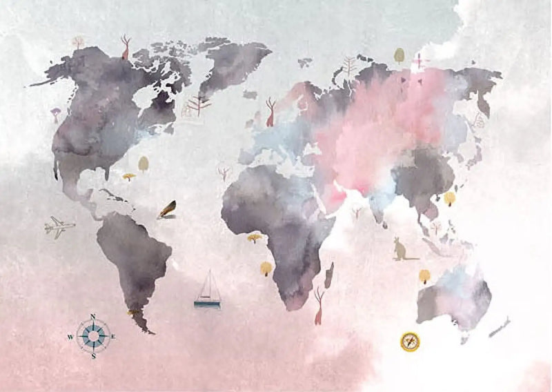 Mapa mundial rosa y gris