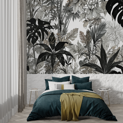 Papel pintado panorámico de la selva en blanco y negro - Francés