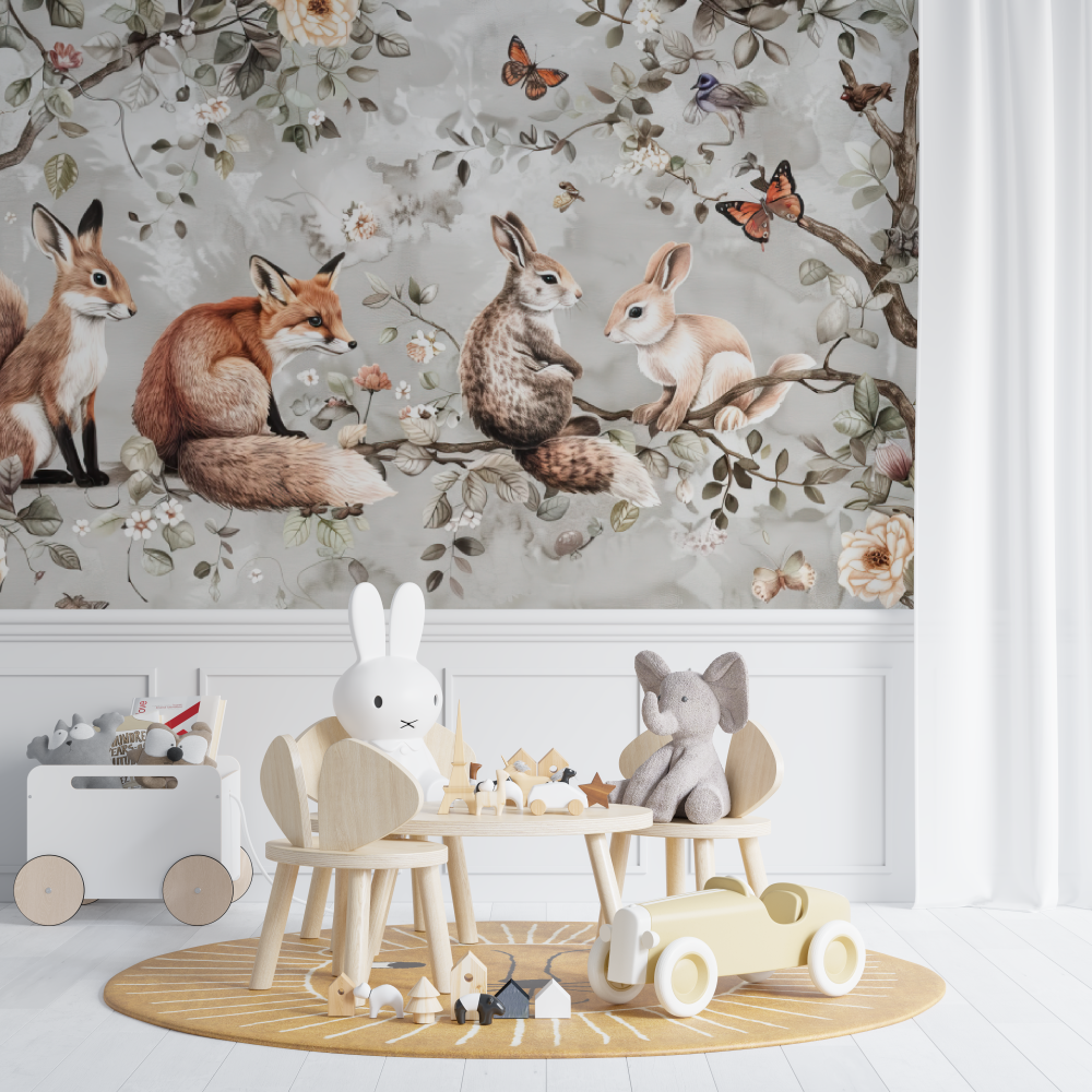 Papel pintado bebé Animales y flores - habitación del bebé