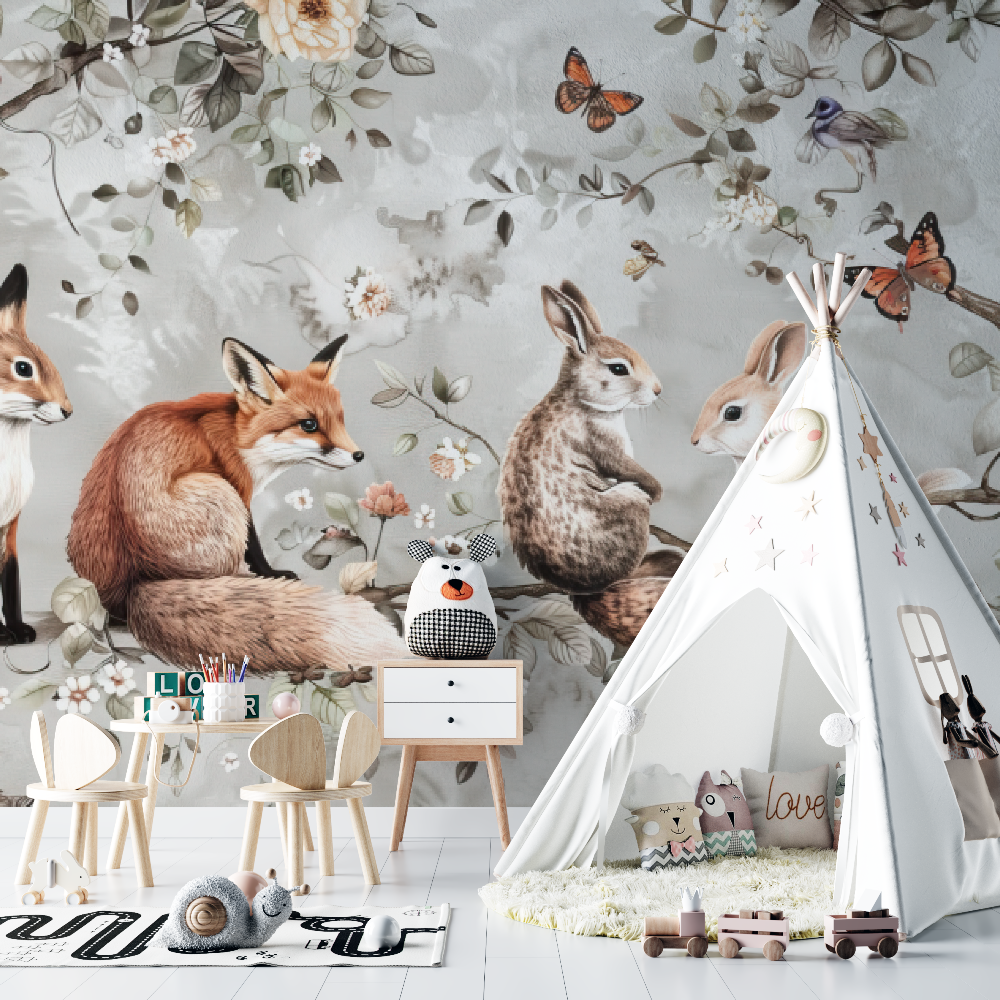 Papel pintado bebé Animales y flores - bebé unisex