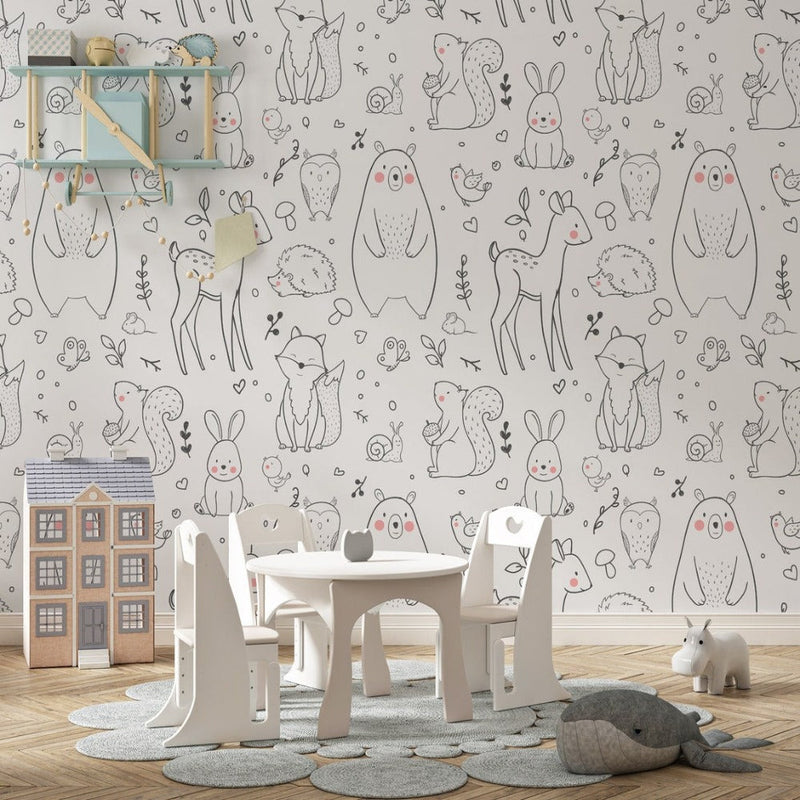 Papel pintado de animales <br/> Fondo Blanco Patrón Negro