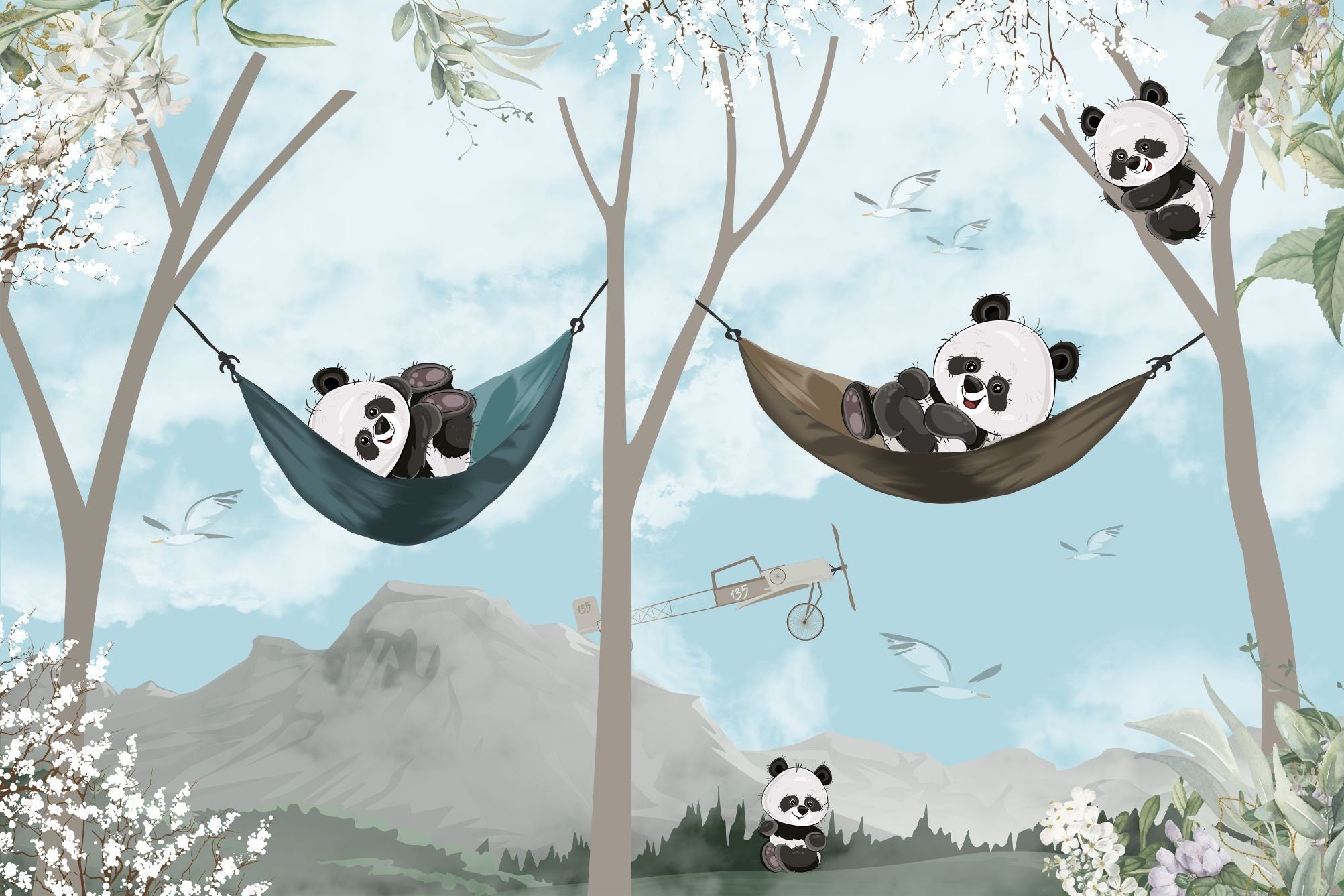 Dierenbehang <br/> Panoramische blauwe panda en hangmat