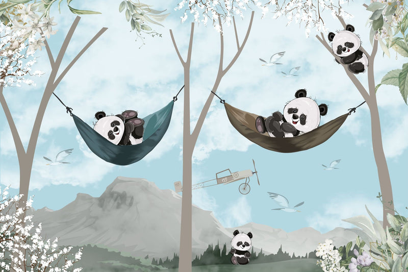 Papel pintado de animales <br/> Panda azul panorámico y hamaca