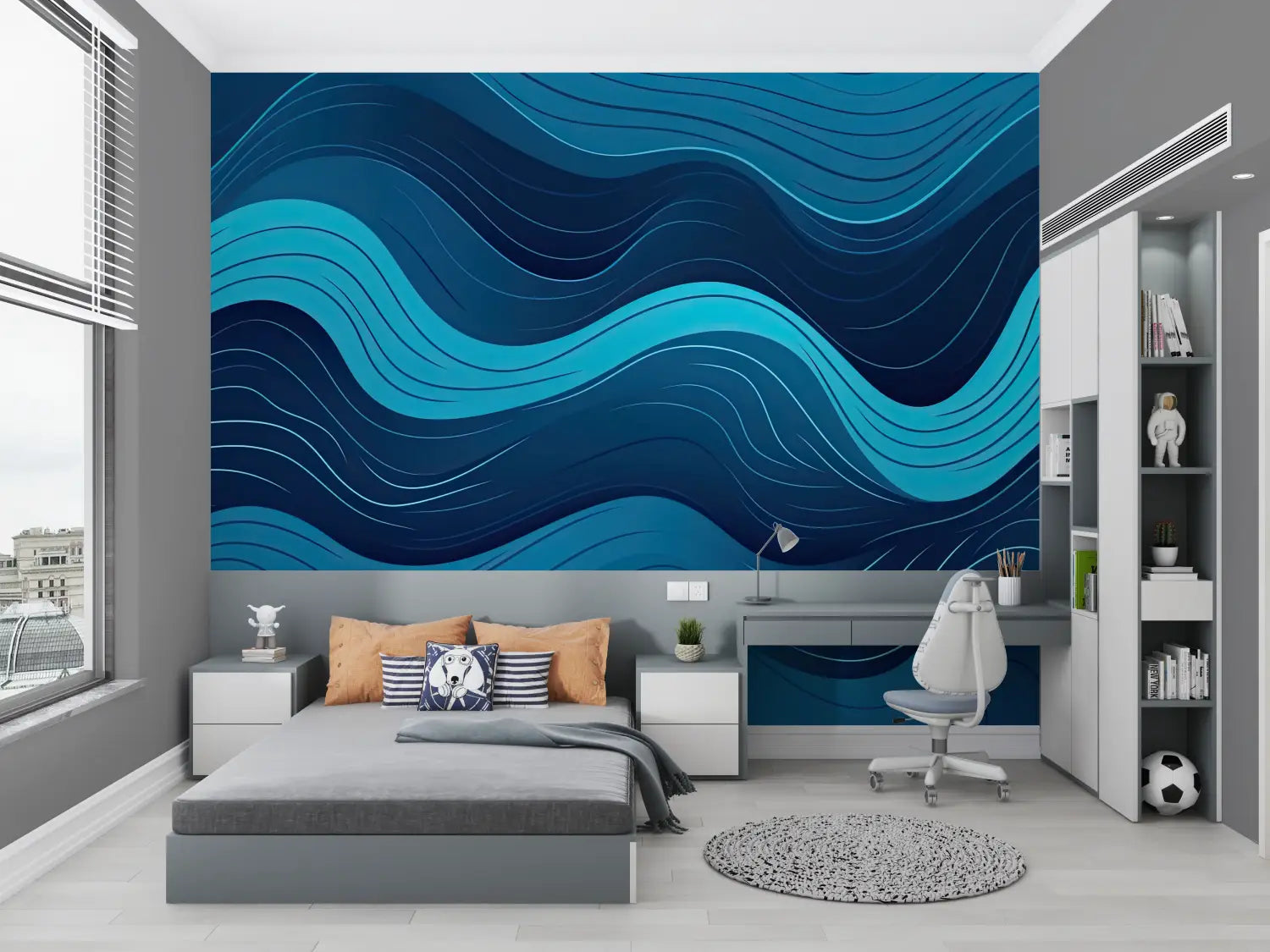 Papier Peint Ado Vagues Bleu Marine - chambre de garçon