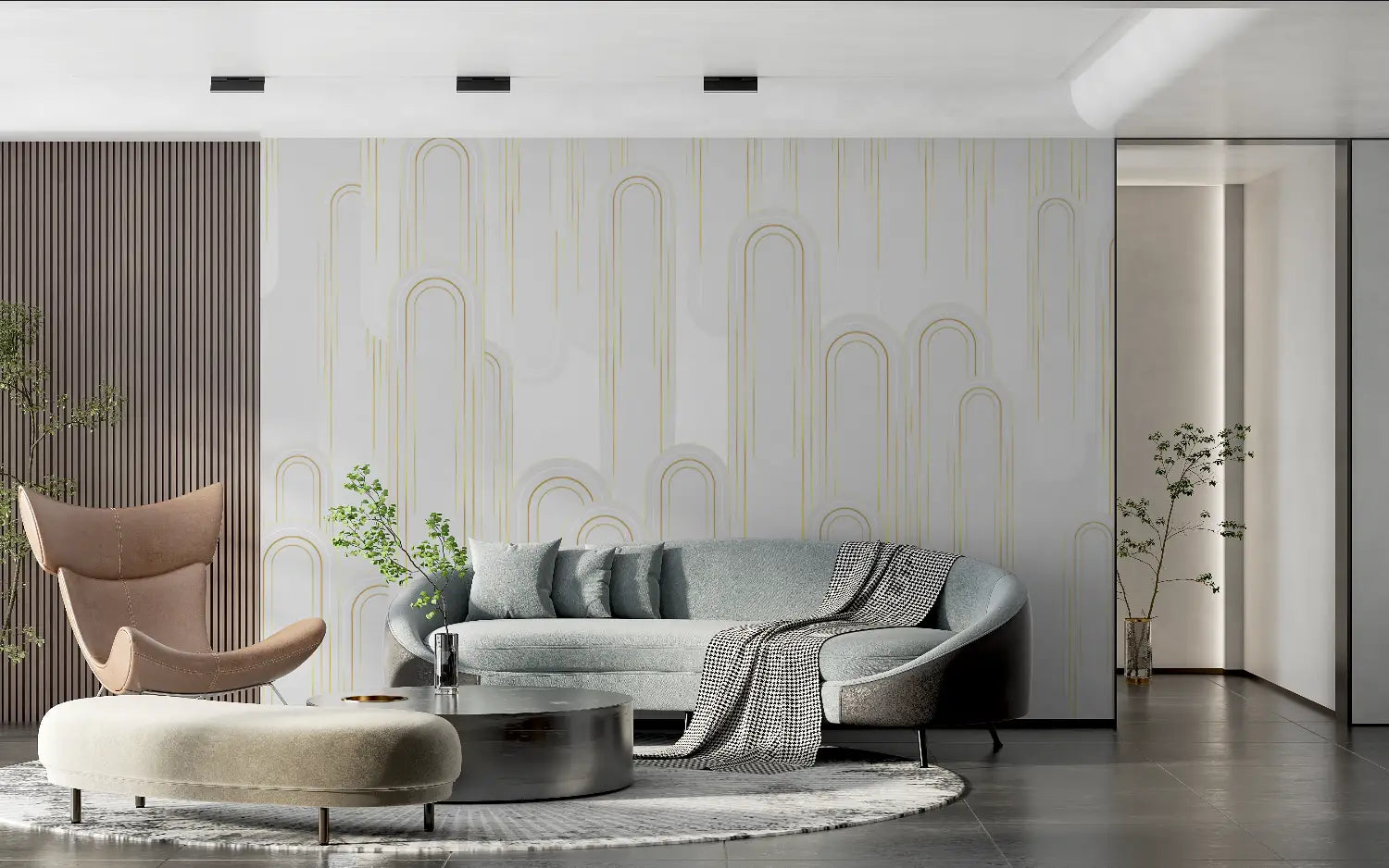 Papel pintado Art Deco blanco y dorado - cabecero