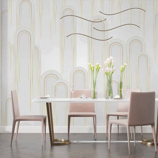 Papel pintado Art Deco blanco y dorado - salón