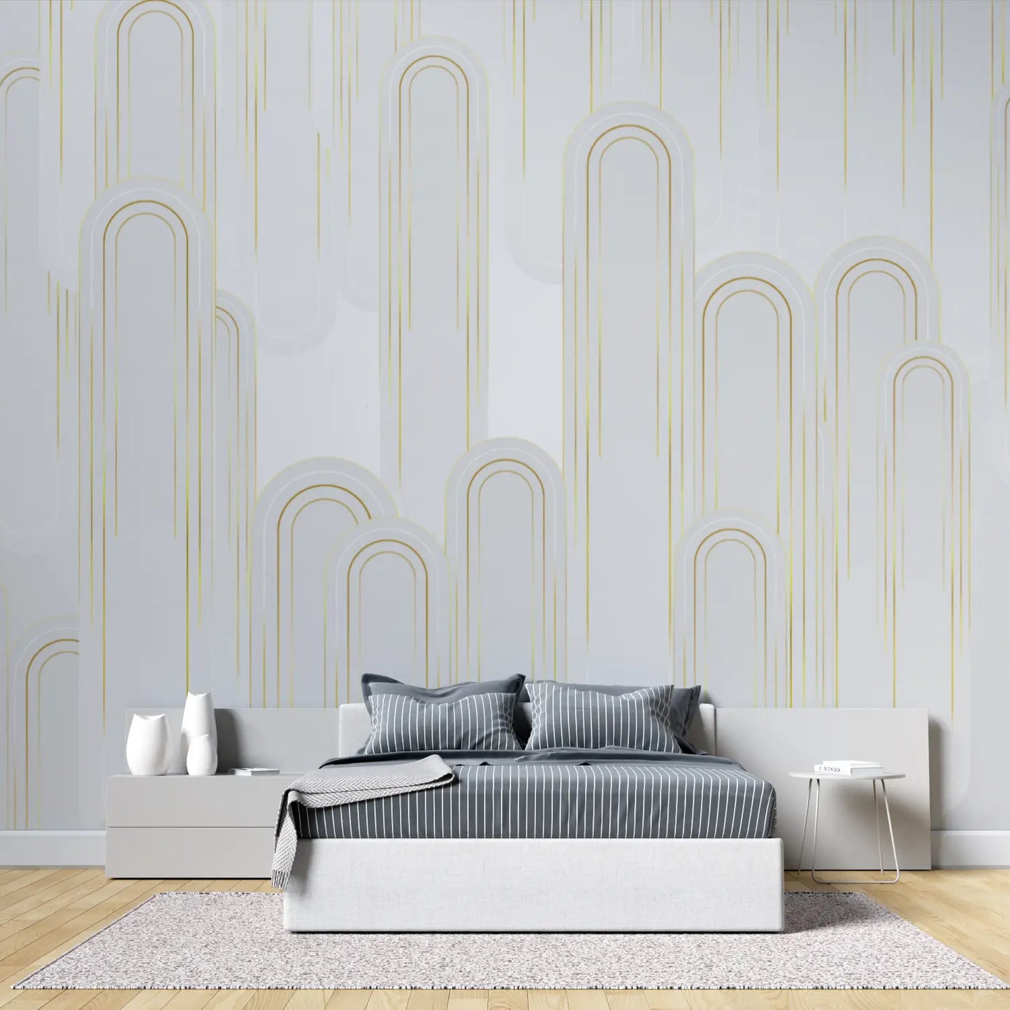 Papel pintado Art Déco blanco y dorado - dormitorio para adultos