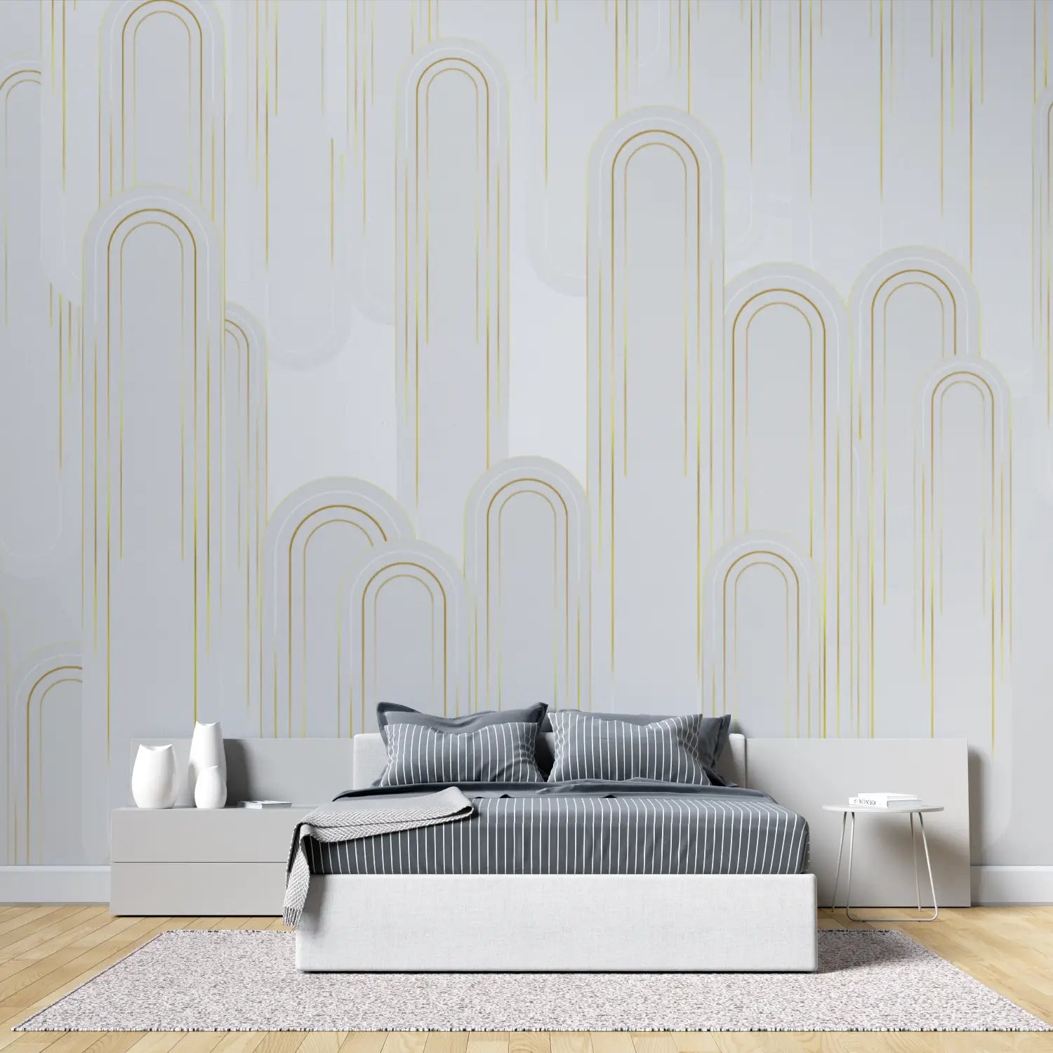 Papel pintado Art Déco blanco y dorado - dormitorio para adultos
