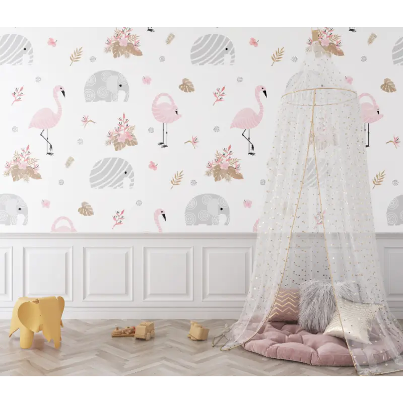 Papier peint bébé Flamant rose blanc - bebe tipi