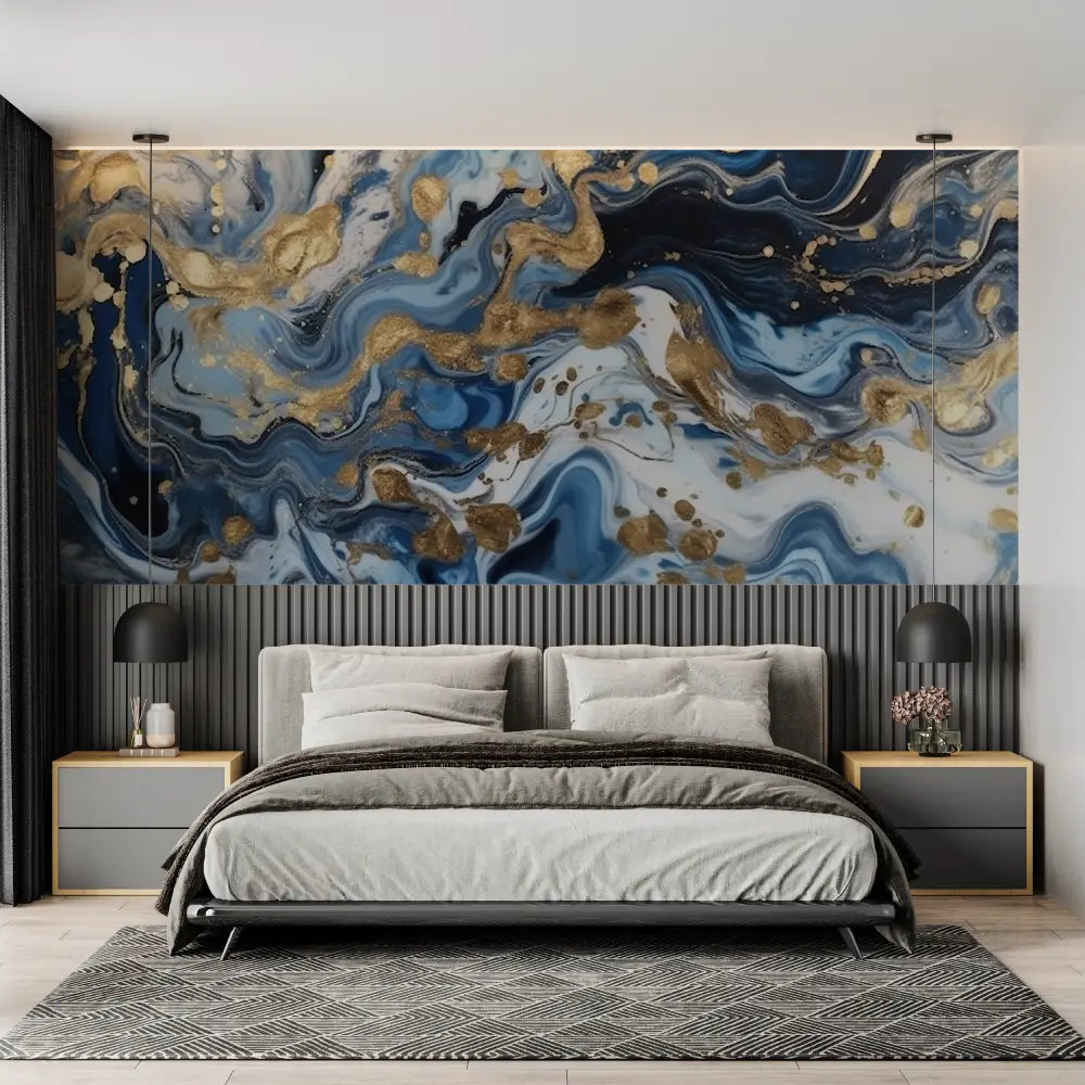 Papel pintado dorado Art Deco azul - tendencia 2024