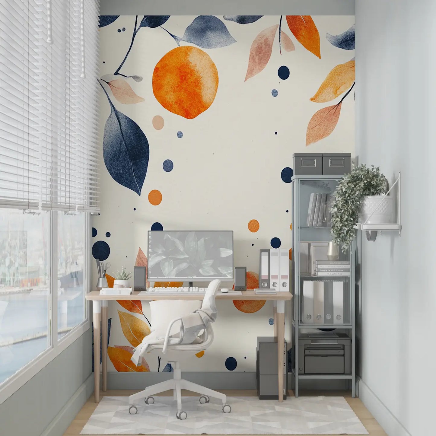 Papel pintado de flores azules y naranja - a medida