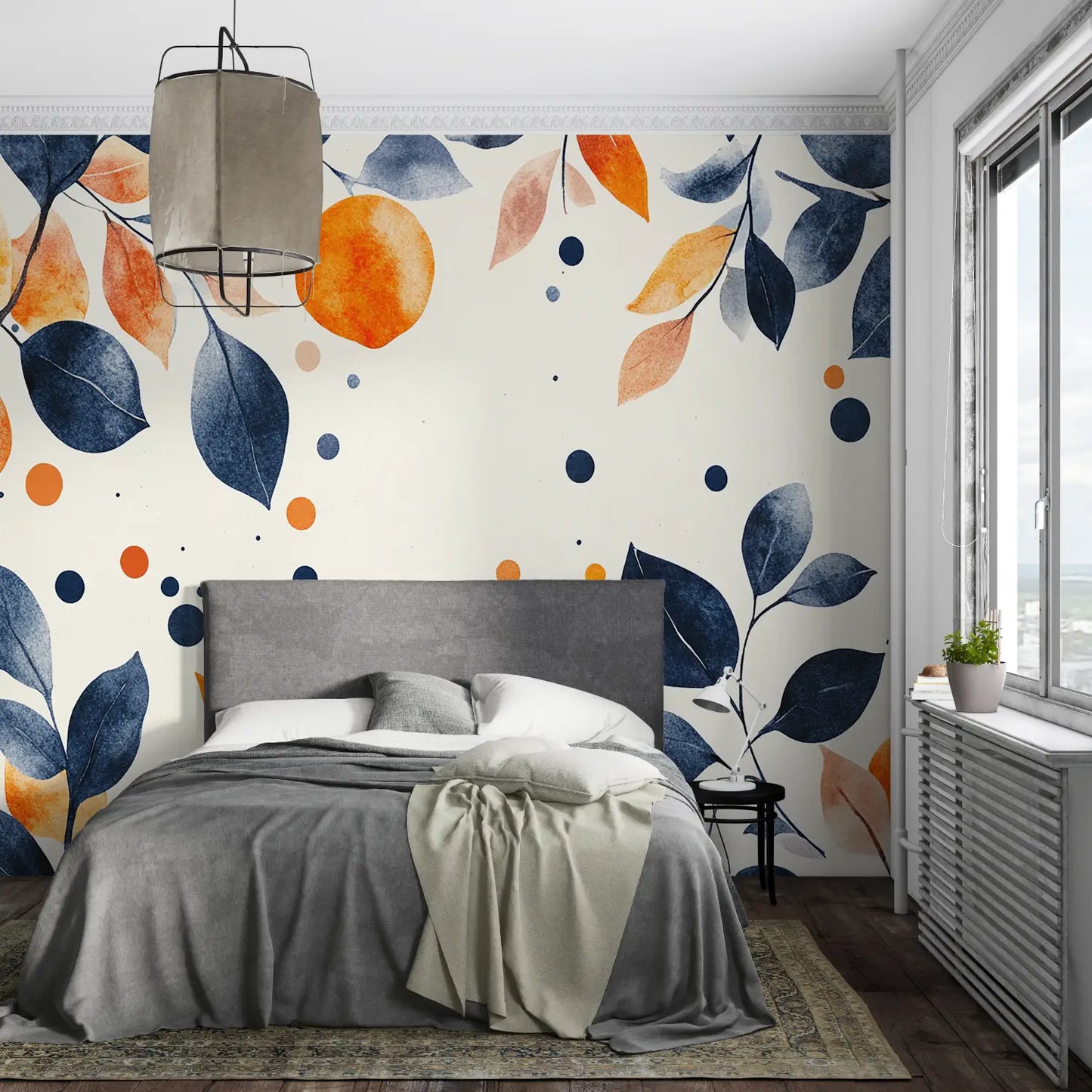 Papel pintado de flores azules y naranja - leroy merlin