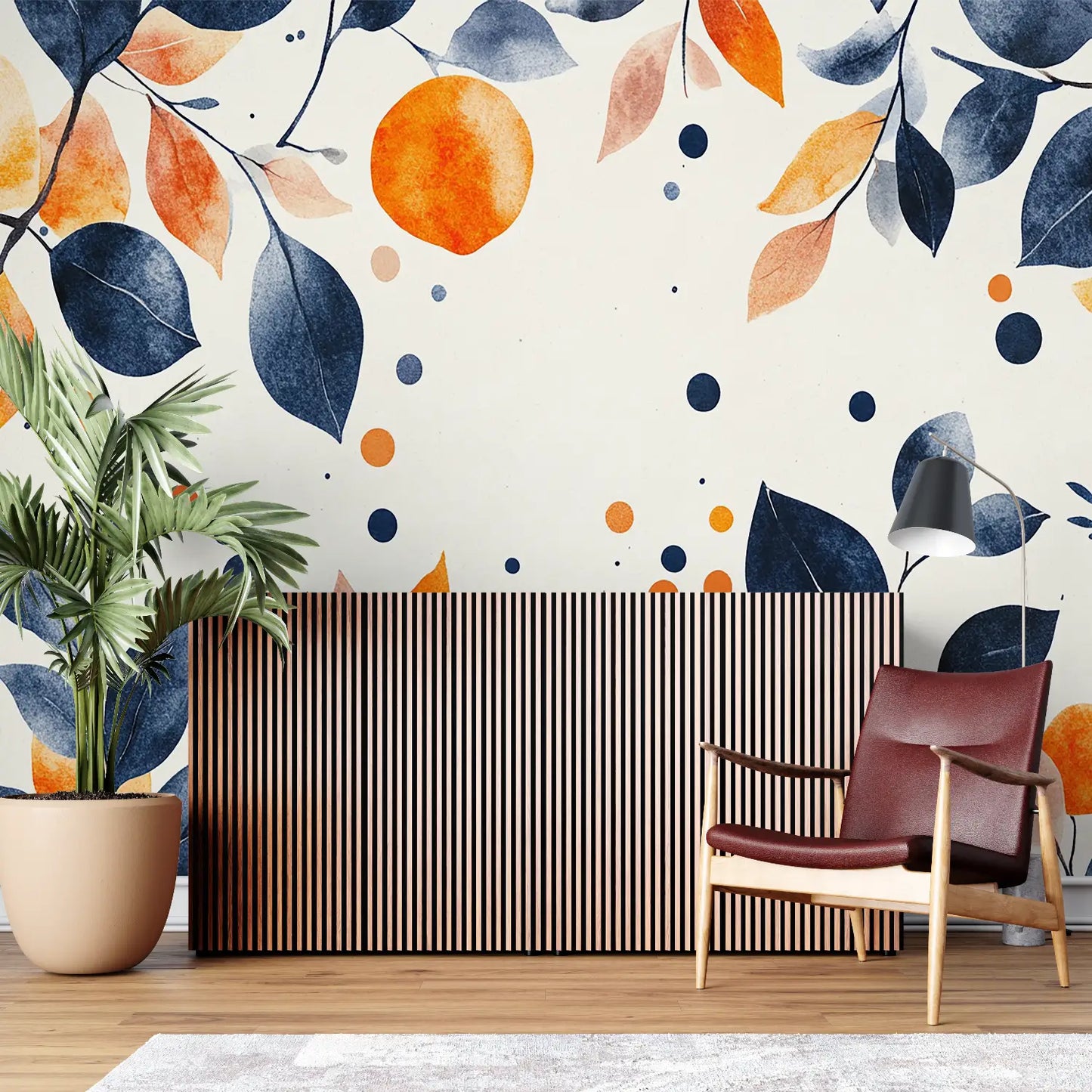 Papel pintado de flores azules y naranjas - mural