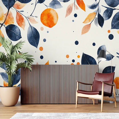 Papel pintado de flores azules y naranjas - mural