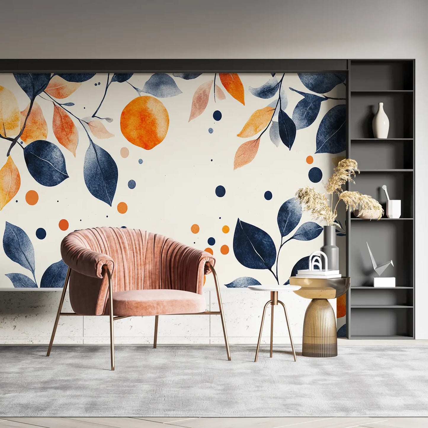 Papel pintado de flores azules y naranja - panorama de la pared